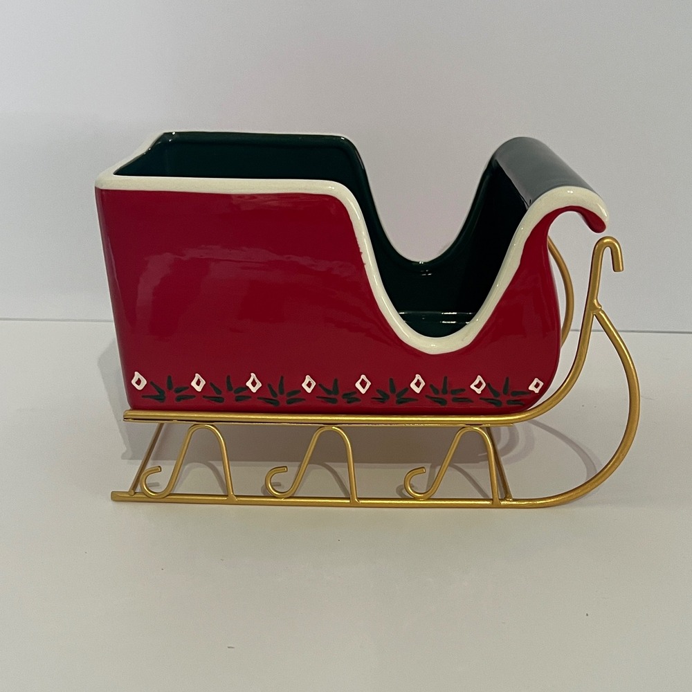 Ceramic Christmas Sleigh Red Green Gold Metal Runners Wreath Centerpiece Planter